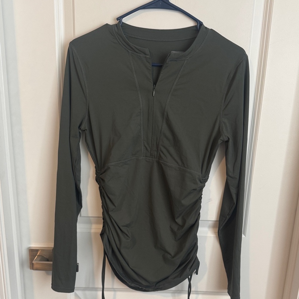 Athleta Olive Green Long Sleeve Ruched Zip-Front Tee